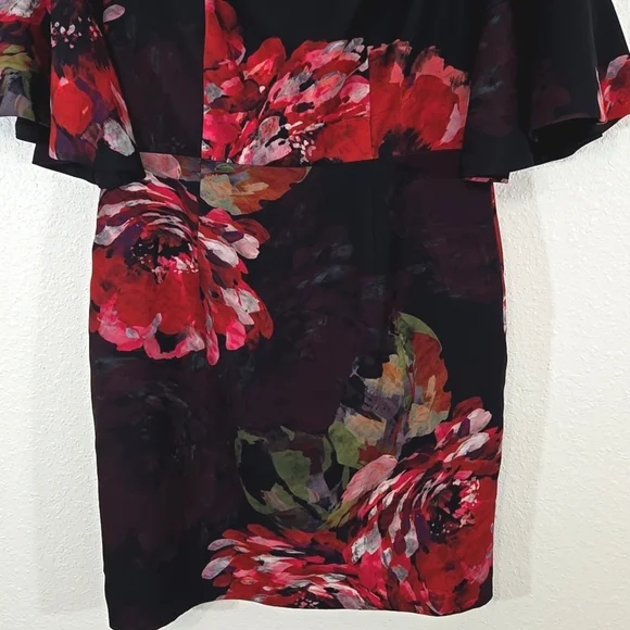 Trina Turk Black Dress Red Floral Bell Sleeves Lined Career Party Event , 10 - Picture 3 of 9